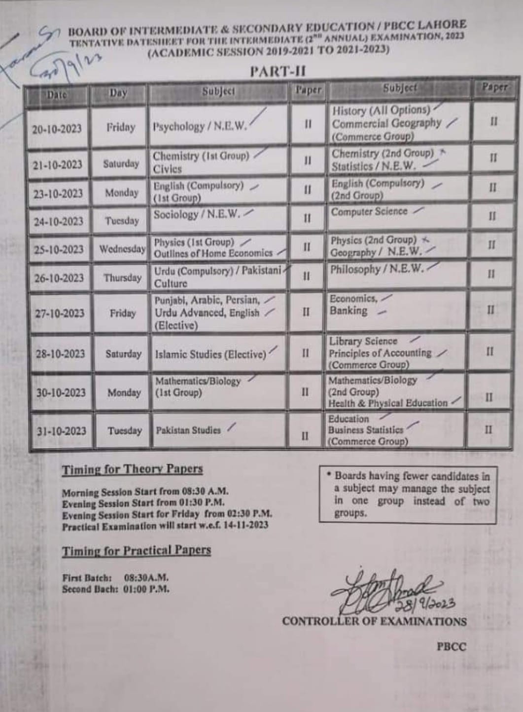 Tentative Date Sheet intermediate 2nd Annual Exam 2023